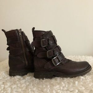 Frye Valerie strapping shearling boot.
